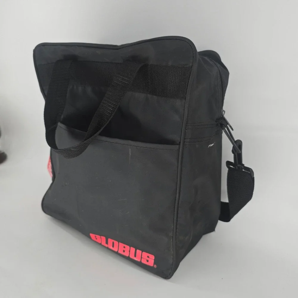 Vintage Globus Black Travel Bag Messenger Shoulder Carry On Red Logo PVC
